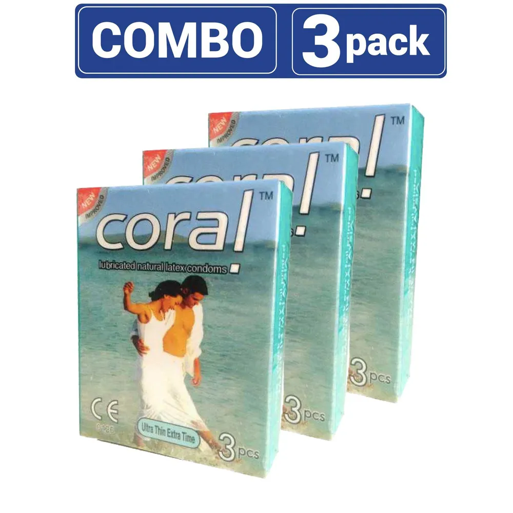 Coral Ultra Thin Extra Time Lubricated Natural Latex Condom Combo Pack 3 Packs 9pcs