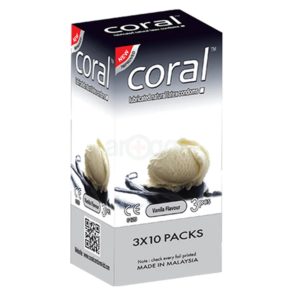 Coral Vanilla Flavors Lubricated Natural Latex Condom Full Box